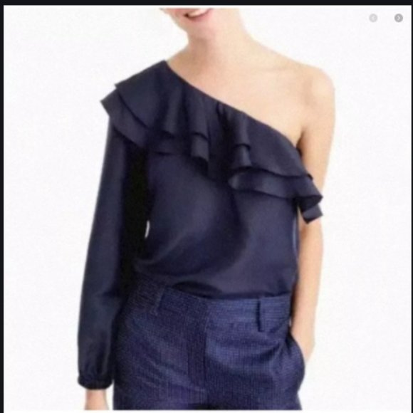 J. Crew Tops - J.CREW Navy Blue Silk One Shoulder Ruffle Blouse 4